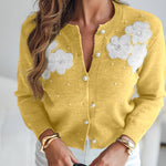 Floral Applique & Pearls Decor Round Neck Single Breasted Knit Cardigan Casual Crop Sweater Coat