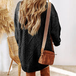 Round Neck Long Sleeve Drop Shoulder Pullover Sweater Casual Loose Fit Cable Knit Mid Length Sweater