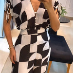 Geometric Print V-Neck Drawstring Short Sleeve Button Front Overalls Casual High Waist Zipper Back Wide Leg Jumpsuit