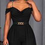 Women's Pearls Decor Adjustable Straps Cold Shoulder Overalls Cowl Neck High Waist Jumpsuit with Belt