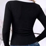 Women's Ribbed Long Sleeve Top Contrast Trim Crew Neck Fitted T Shirt