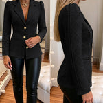 Women's Elegant Argyle Textured Blazer Slim Fit Puff Sleeve Suit Jacket Gold Button Work Office Commuter Blazer with Pockets