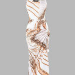 Marble Print U-Neck Sleeveless Ribbed Dress Casual Drawstring Ruched High Slit Vacation Dress