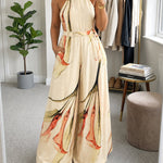 Women's Elegant Ink Floral Print Wide Leg Jumpsuit Casual Sleeveless Vacation Overalls with Belt
