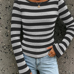 Women's Boat Neck Striped Long Flare Sleeve Ruched Knit Top