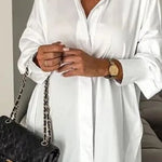 Women's Cotton Oversized Button Down Shirt Long Sleeve Blouse Casual Curved Hem Top