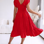 Women's Deep V-Neck Backless High Waist Ruched Ruffle Midi Dress