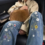 Women's High Waisted Floral Embroidered Wide Leg Jeans Washed Denim Pants