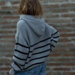 Women's Striped Henley Drawstring Hooded Sweater Loose Fit Lantern Sleeve Knit Pullover