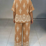 Women's Vintage Print 2 Piece Outfits V Neck Drawstring Ruched Top and Wide Leg Pants Set Casual Loose Loungewear