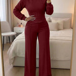2 Pieces Outfit O-neck Long Sleeve Cinched Waist Sweatshirt and Elastic Waist Wide Leg Pants Set Casual Seam Design Sweatpants Set