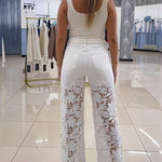 Guipure Lace Spliced High Waist Zipper Fly Wide Leg Washed Jeans