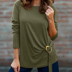 Women's Crewneck Long Sleeve Loose Fit Top Side Buckle Ruched Draped Tie Detail Casual Tee
