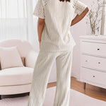 2 Pieces Outfit Round Neck Lace Spliced Short Sleeve Top and Elastic Waist Straight Leg Pants Set Casual Brushed Ribbed Pajamas Set