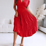 Women's Deep V-Neck Backless High Waist Ruched Ruffle Midi Dress