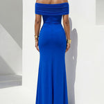 Women's Off Shoulder Ruched Gold Flower Draped Evening Gown Side Slit Mermaid Maxi Dress
