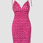 Women's Ditsy Floral Deep V Neck Shirred Sundress Sexy Tie Strap Backless Ruched Bodycon Cami Mini Dress