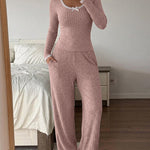 Women's 2 Piece Ribbed Lounge Sets Lace Trim Long Sleeve Top and High Waisted Pants Pajamas Sets with Pockets