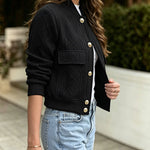 Women's Vintage Argyle Cable Knit Bomber Jacket Elegant Baseball Collar Button Down Cropped Coat with Flap Pockets