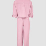 2 Pieces Outfit Turn-down Collar Turn-Up Sleeves Button Front Flap Pockets Design Top and Causal Zipper Fly Elastic Back Waist Wide Leg Pants Set