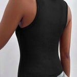 Women's Ribbed Knit Tank Top Adjustable Buckle Strap Side Ruched Knit Top Curved Hem Slim Fit Vest