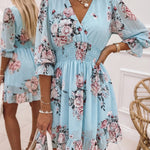 Floral Print Overlap V Neck Three Quarters Sleeve Shirred Waist Ruffle Hem Dress Casual Cinched Waist Flared Cuffs Chiffon Vacation Dress with Lining