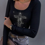 Women's Square Neck Long Sleeve Top Rhinestone Faith Letter Graphic Ribbed Knit Shirt Slim Fit Casual Sparkly Tee