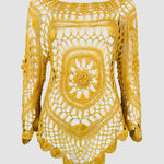 Women's Crochet Hollow Out Knit Top Batwing Sleeve Loose Cover Up Asymmetric Hem Sheer Bohemian Knitwear