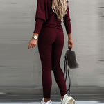 2 Pieces Outfit Skew Neck Long Sleeve Loose Pullover Top and Drawstring High Waist Slim Fit Pants Set
