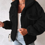 Textured Striped Turn-down Collar Button Front Elastic Cuff and Hem Teddy Fleece Jacket With Decorative Flap Pockets