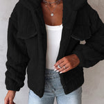 Textured Striped Turn-down Collar Button Front Elastic Cuff and Hem Teddy Fleece Jacket With Decorative Flap Pockets