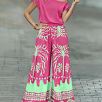 CHICME Women's 2 Piece Set Skew Neck Drawstring Top and High Waisted Wide Leg Tropical Print Pants with Pockets