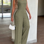 V-Neck Adjustable Thick Straps Denim Overalls Casual Shirred Back Wide Leg Suspender Jumpsuit