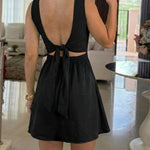 Square Neck Thick Strap Open Back Tie Back Textured Romper Casual Elastic Back Waist Backless Cinched Waist A Line Skorts Romper