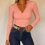 Women's Lace V Neck Ruched T Shirt Slim Fit Long Sleeve Tee Casual Elegant Top