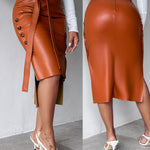 High Waisted Belted Pu Leather Pencil Skirt Side Button Split Work Midi Skirt
