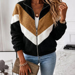 Women's Colorblock Faux Shearling Jacket Casual Zip Up Stand Collar Teddy Coat