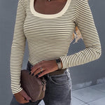 Women's Striped U-Neck Long Sleeve Slim Fit Ribbed Knit Top Casual Layering Top