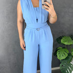V Neck Lace-Up Waist Meatl Buckle Jumpsuit Casual Shirred Wide Leg Romper