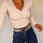 Women's Lace V Neck Ruched T Shirt Slim Fit Long Sleeve Tee Casual Elegant Top