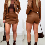 Women's PU Leather 2 Piece Set Studded Cropped Jacket and High Waisted Skort Set Edgy Biker Outfit
