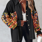 Contrast Sequin Long Sleeve Jacket Top Button Front Raw Hem Loose Fit Shacket