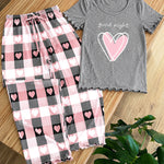Women's Frill Hem Two Piece Pajama Set Heart Slogan Short Sleeve Top and Plaid Straight Leg Pants Casual Lounge Set
