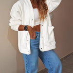 Women's Casual Loose Cardigan V Neck Snap Button Down Jacket Drop Shoulder Coat with Pockets