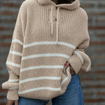 Women's Striped Henley Drawstring Hooded Sweater Loose Fit Lantern Sleeve Knit Pullover