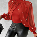 Pearls Decor High Neck Chiffon Draped Cape-style Cloak Sleeve Spliced Tee Ruched Hollow-out Back Slim Fit Top