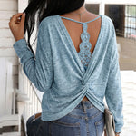 Women's Long Sleeve Knit Top Backless Twist Lace Panel Casual Tee