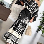 2 Pieces Outfit Skew Neck Lantern Sleeve Loose Fit Top and High Waist Elastic Waist Fishtail Maxi Skirt Set Casual Tropical Print Vacation Set