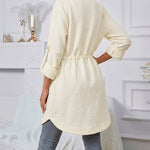 Women's Textured Drawstring Waist Lapel Coat Mid-length Roll Up Sleeve Button Front Trench Jacket