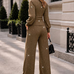 Women's 2 Piece Glitter Set Deep V Neck Lantern Sleeve Ruched Top and Wide Leg Pants with Pockets